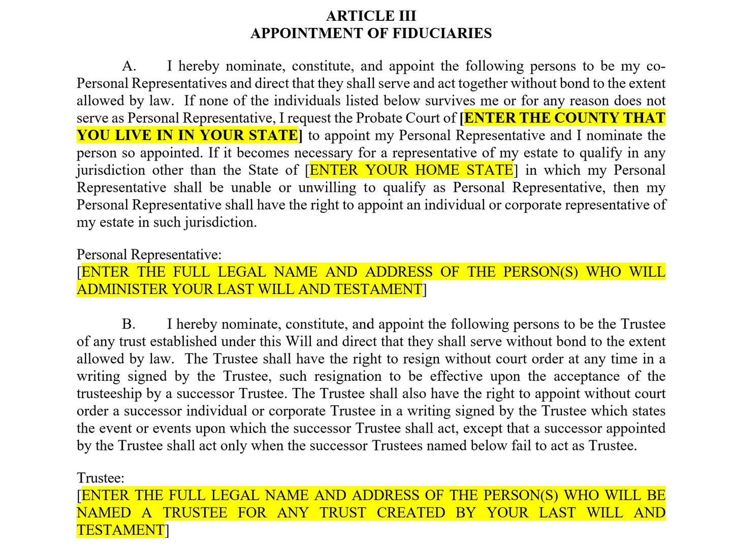 Last Will And Testament  - Contract Template