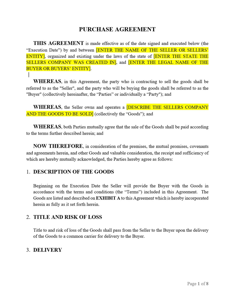 Purchase Agreement - Contract Template – Legal Documents AI